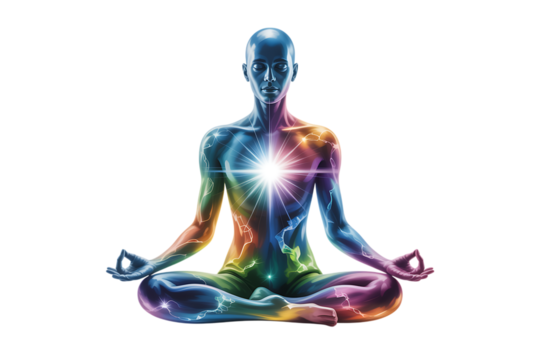 Person meditating with vibrant energy flow and glowing aura, symbolizing inner peace and chakra balance