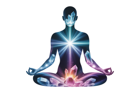 Meditating silhouette infused with vibrant crystal energy and cosmic light for inner peace and healing