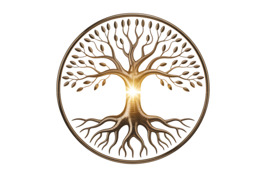 Radiant golden tree of life symbolizes growth, wisdom, and interconnectedness in a powerful emblem.