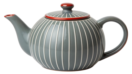 Striped ceramic teapot isolated on transparent background