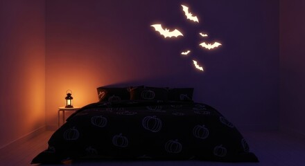 Spooky halloween themed bedroom with pumpkins and bats in the dark night
