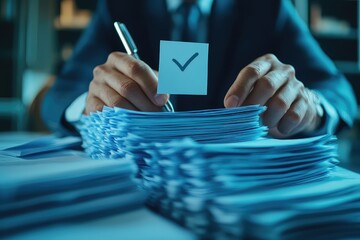 Businessman ensuring compliance with a document management system and a checkmark icon
