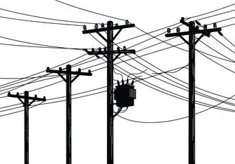Silhouette of utility poles with multiple power lines, electric poles and transformers, urban infrastructure, electrical grid system, energy distribution network