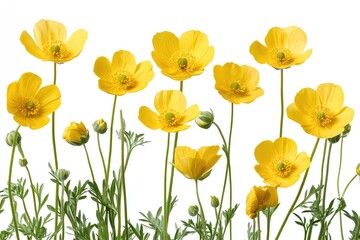 Bright yellow buttercup flowers in a meadow, isolated against a transparent background