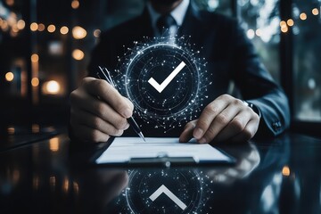 Businessman ensuring compliance with a document management system and a checkmark icon