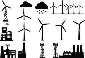Wind turbines, industrial factories, communication towers, and weather icons in black silhouette style representing energy, technology, and infrastructure concepts