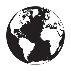 Simple black and white vector illustration of planet Earth. Flat design globe icon showing continents and oceans, isolated on a white background. 