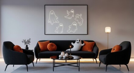 Modern living room decorated for halloween with ghosts and pumpkins decor