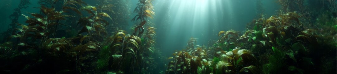 Fototapeta premium Underwater kelp forest adventure ocean depths hdri panoramic image sunlit environment serene viewpoint