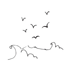 Minimalist doodle illustration of flying birds and ocean waves drawn in one continuous black line. Whimsical sketch style, simple and modern, perfect for trendy designs and decor.