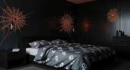 Spooky halloween themed bedroom with skull bedding and spiderweb lighting