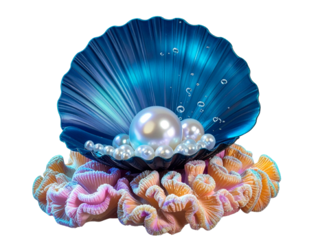 Fantasy Ocean Treasure Blue Shell with Pearls and Glowing Coral, Transparent PNG
