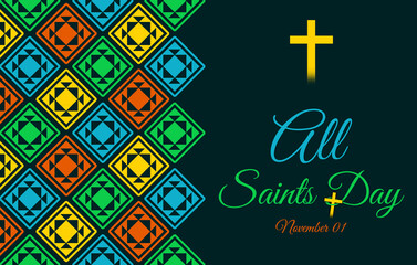 Artistic All Saints Day November 01 holiday background with colorful diamond pattern and glowing golden cross