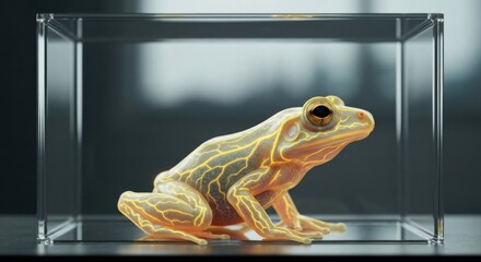 Pale yellow frog in clear glass box
