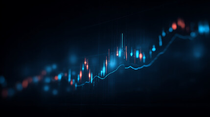 Digital financial chart with candlestick pattern and upward trend line on dark background