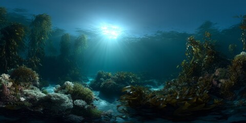 Fototapeta premium Underwater sunrays illuminating kelp forest panoramic hdri scene vibrant marine environment
