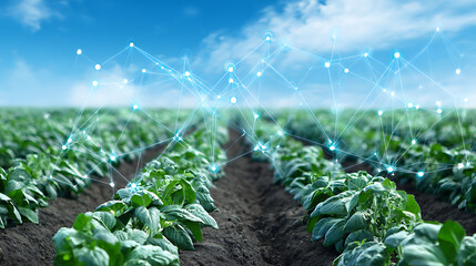 Agricultural field with digital network overlay representing smart farming technology
