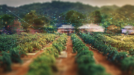 Agricultural field with digital network overlay representing smart farming technology