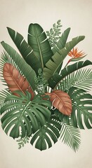 Lush Tropical Leaves and Flowers Arrangement Botanical Illustration for Design and Decoration