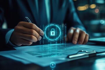 Businessman storing documents on a secure server with a checkmark and a lock icon, ensuring confidentiality and compliance