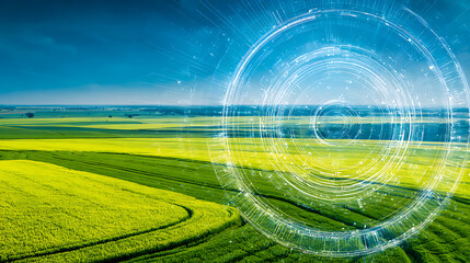Agricultural field with digital holographic overlay depicting technology integration in farming