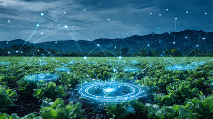 Smart agriculture field with digital network overlay and glowing data nodes