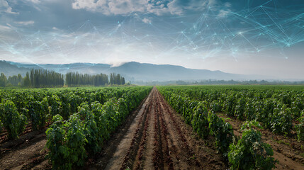 Agricultural field with rows of crops under a sky featuring digital network overlays, suggesting smart farming technology.