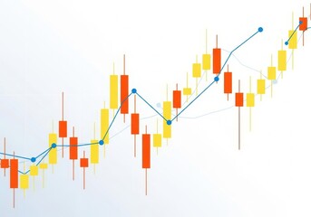 Financial stock market candlestick chart with upward trend and line graph on a white background