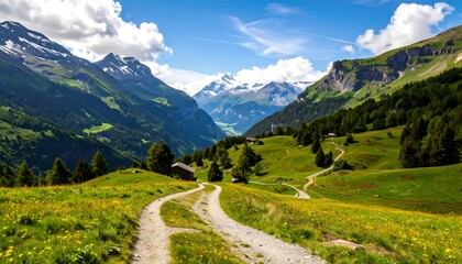 Scenic mountain valley with winding paths and wildflowers.  Alpine meadows and peaks under a vibrant blue sky