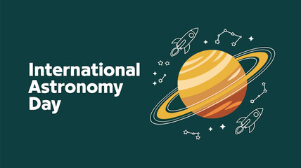 Vector art of international astronomy day graphic with a ringed planet, rockets, constellations, and stars on a dark green background