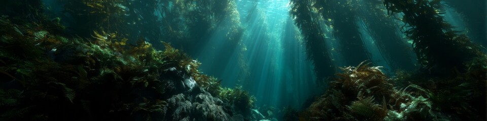 Obraz premium Underwater kelp forest exploration ocean depths hdri panoramic view sunrays breaking through water