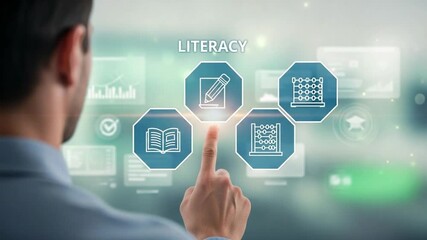 Man interacting with literacy interface featuring book pencil and abacus icons on a digital screen - Powered by Adobe