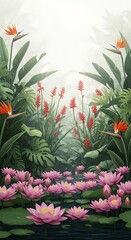 Fototapeta premium Lush Tropical Rainforest with Lotus Flowers and Exotic Plants in Misty Morning Light