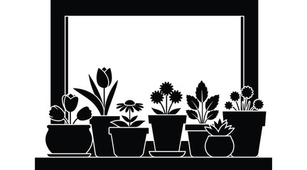 Black silhouette of various potted plants against a white background within a frame flowers tulips