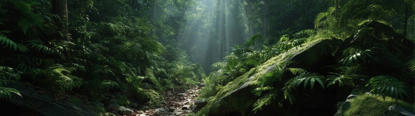 Fototapeta premium Lush jungle with light beams tropical forest hdri panoramic landscape serene environment nature viewpoint