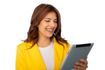 Cheerful businesswoman in yellow jacket using digital tablet with transparent background, enjoying online work or communication