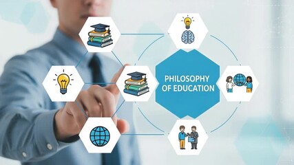Man pointing at philosophy of education diagram with books globe and brain illustration on white - Powered by Adobe