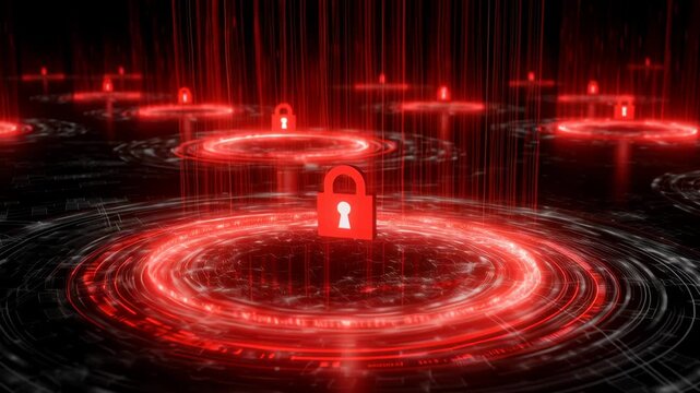 Digital Landscape of Glowing Red Locks Surrounded by Circular Patterns Representing Cybersecurity