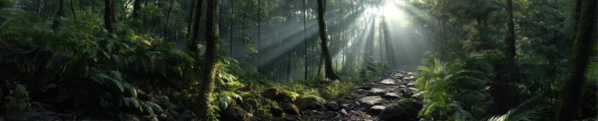 Obraz premium Lush jungle with light beams hdri panoramic view nature landscape serene environment