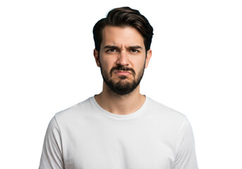 Fototapeta premium Frustrated man expressing skepticism and doubt with a strong frown on a white background