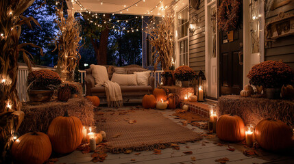 A cozy autumn porch at twilight, adorned with pumpkins, hay bales, corn stalks, and string lights, creating a festive fall display.