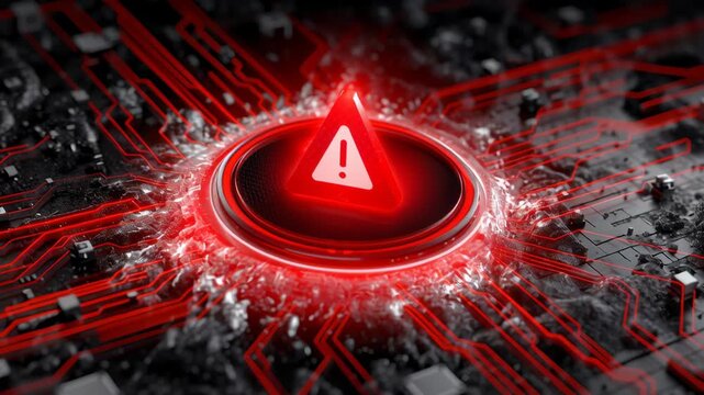 Futuristic Warning Signal Surrounded by Glowing Red Electronic Circuits