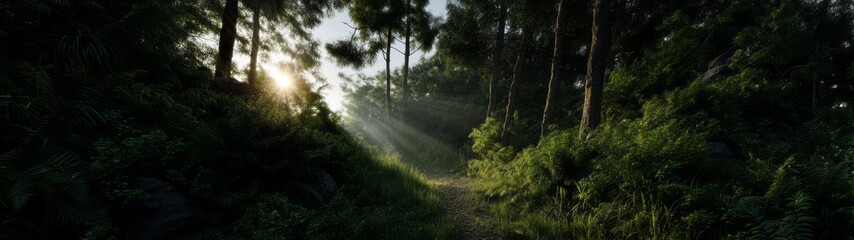 Obraz premium Lush jungle path with light beams nature hdri panoramic view vibrant environment serene concept