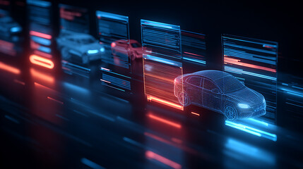 Digital wireframe car in futuristic data environment with glowing interface panels and motion effects