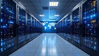 A server room with rows of data racks, illuminated with blue lights, leads to a world map on the back wall