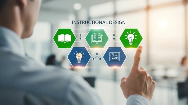 Man interacting with instructional design interface featuring book bulb and maze icons on screen