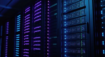 Rows of illuminated server racks in a dark data center.  Colorful lights highlight the technology