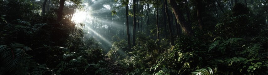 Lush jungle with light beams hdri panoramic view serene nature landscape ethereal environment