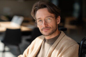 Obraz premium Caucasian male with glasses in sweater sitting in modern workspace