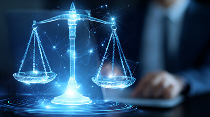 Holographic representation of a justice scale with digital glow effects, symbolizing legal balance and fairness in a modern technological context.
